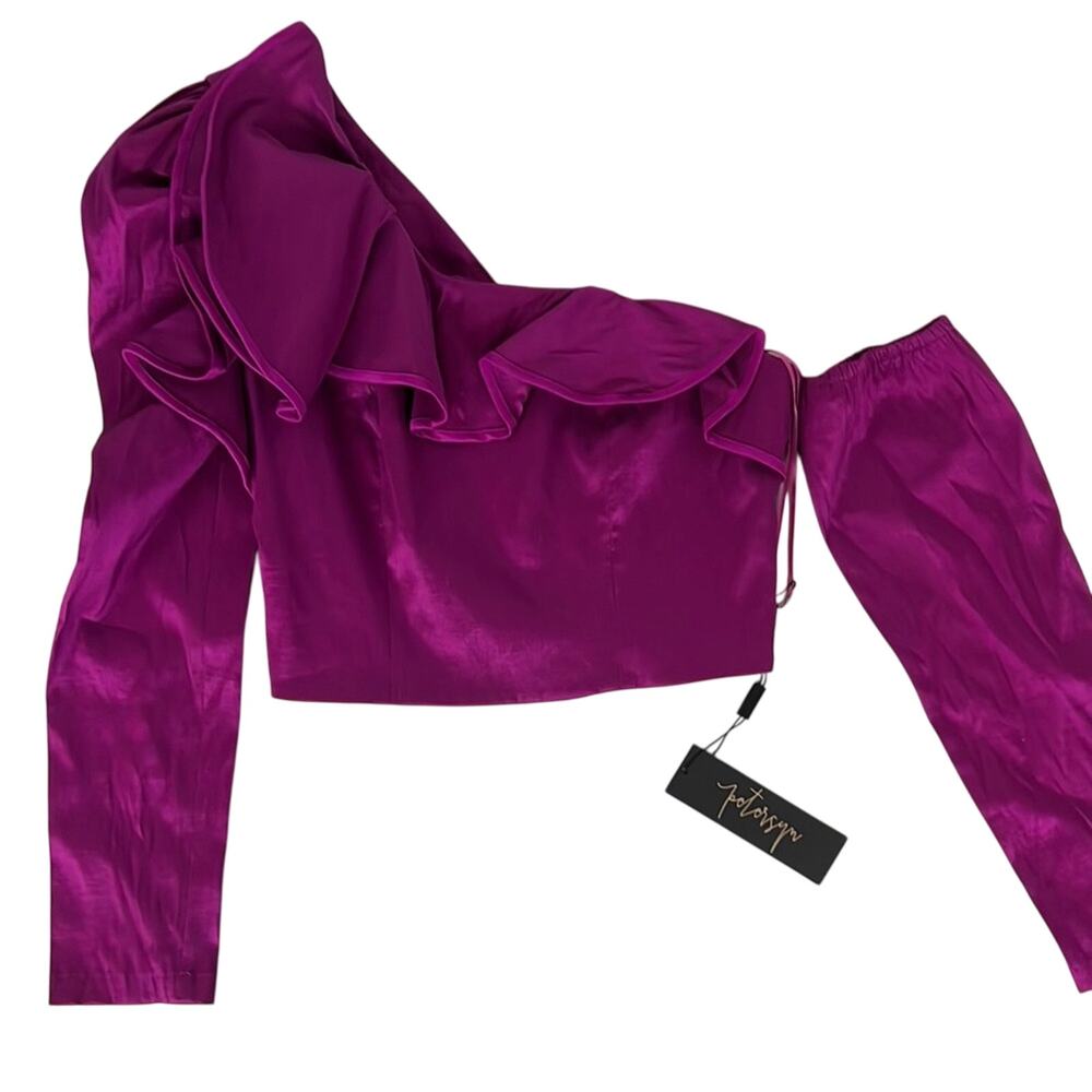 Petersyn Vibrant Purple One-Shoulder Top szS magenta puff sleeve holly win
